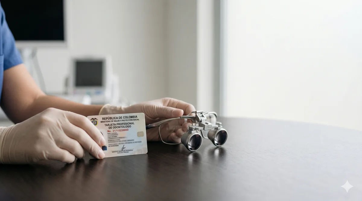 Colombian Tarjeta Profesional de Odontologo and dental loupes representing professional licensing transparency at Be Dharma Dental