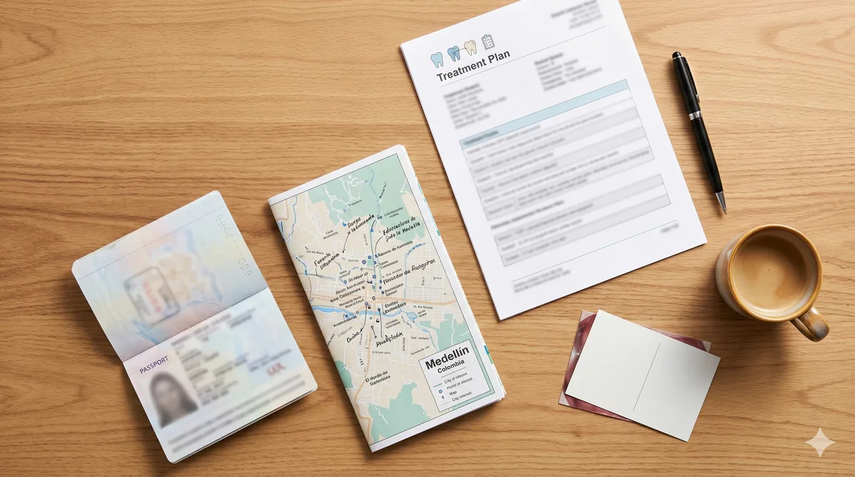 Passport, Medellin map and treatment plan document representing dental tourism preparation for Be Dharma Dental international patients