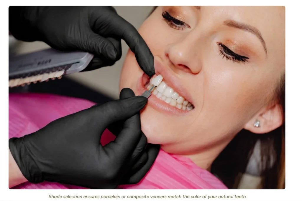 Dentist selecting a porcelain veneer shade to match a patient's natural teeth