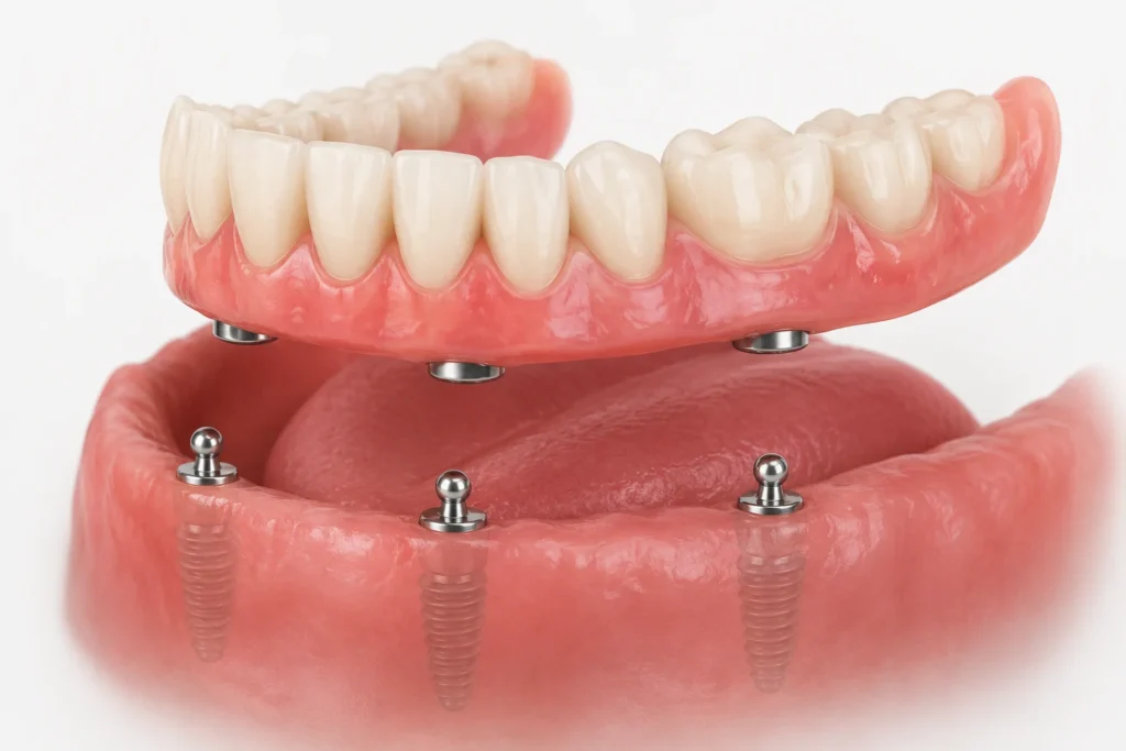 Caja de dientes conoce las alternativas para volver a sonreír -Prótesis removible soportada por implantes o sobredentadura - Be Dharma Dental