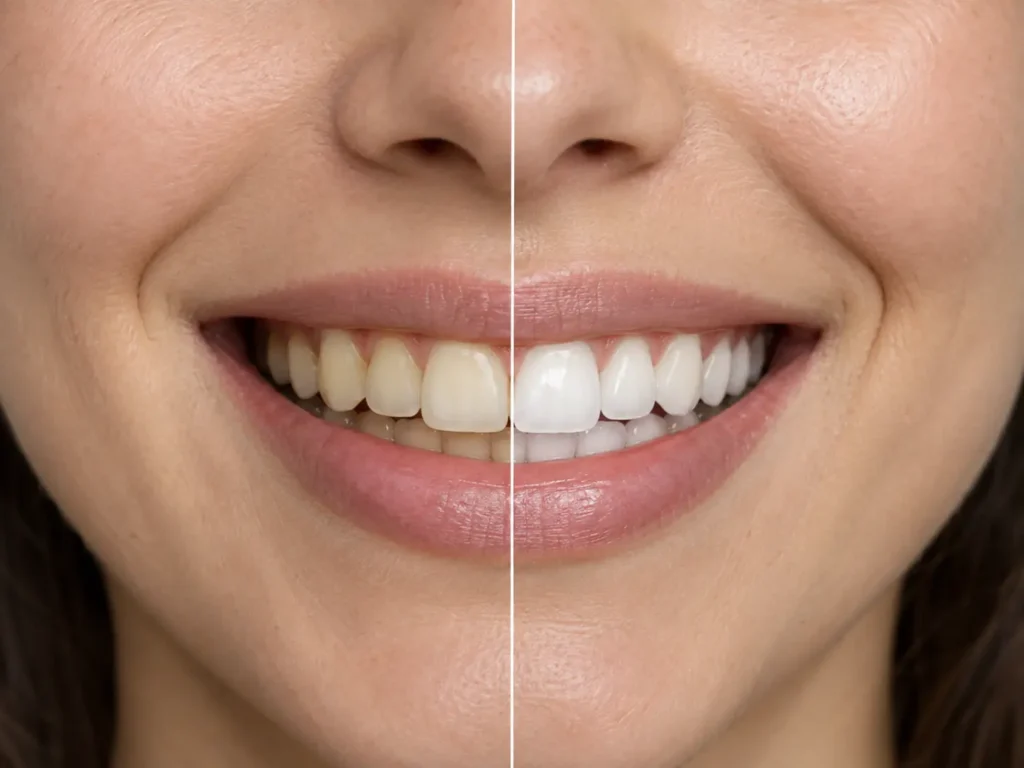 Comparación de dientes amarillentos y dientes blancos después de un blanqueamiento dental en Be Dharma Dental