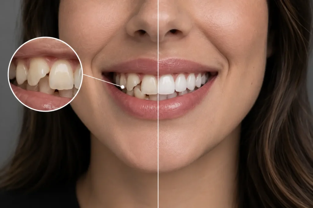 Comparación de dientes desalineados y sonrisa alineada, con detalle ampliado del apiñamiento dental