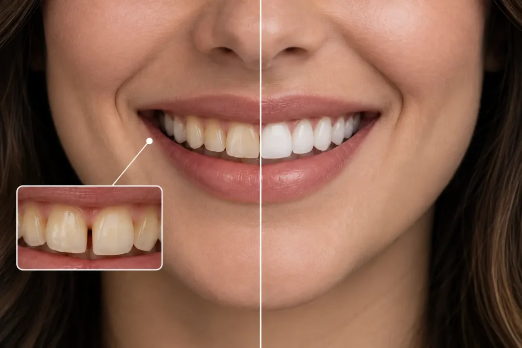 Comparación de sonrisa antes y después de una transformación estética dental, con mejora en color, forma y proporción de los dientes