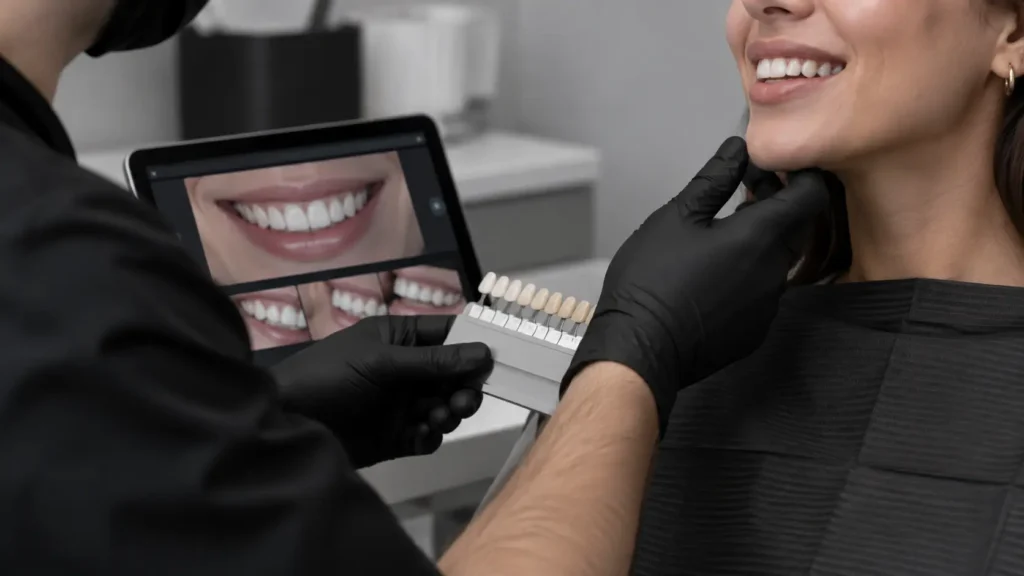 Odontólogo evaluando la sonrisa de una paciente con guía de color y referencias visuales para elegir el diseño de sonrisa más adecuado