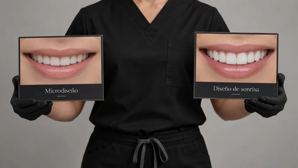 Profesional de Be Dharma Dental comparando microdiseño y diseño de sonrisa con imágenes de resultados estéticos