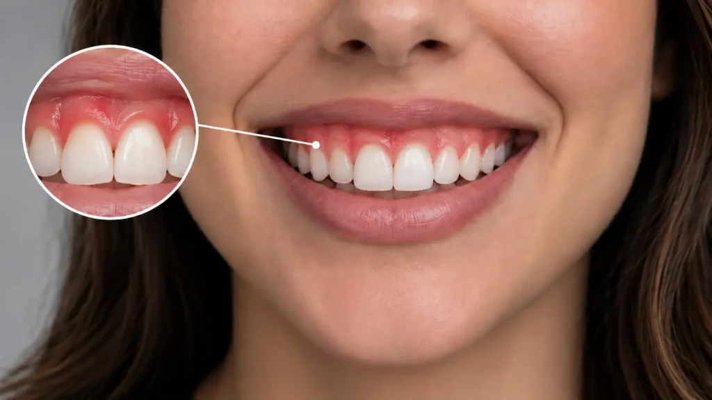Sonrisa con encías inflamadas y enrojecidas resaltadas en una ampliación de detalle