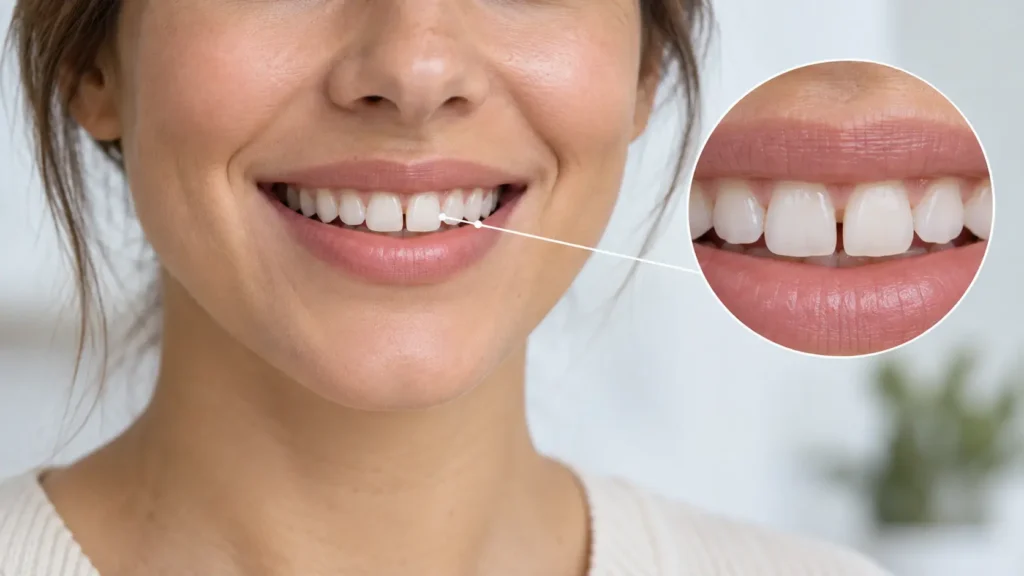 Sonrisa con pequeño espacio entre dientes resaltado en una ampliación de detalle para diseño de sonrisa