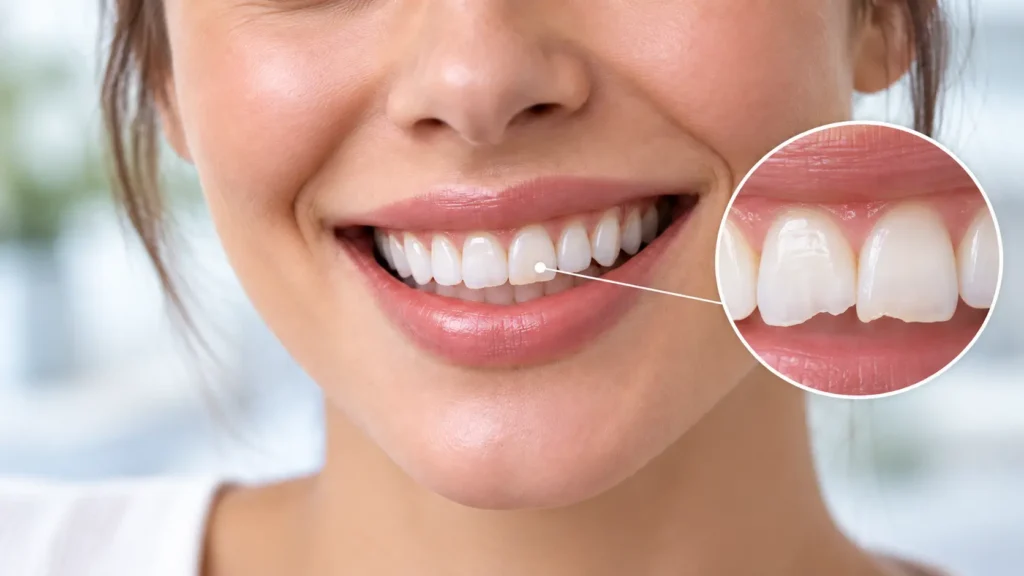 Sonrisa con pequeños bordes dentales irregulares resaltados en una ampliación de detalle